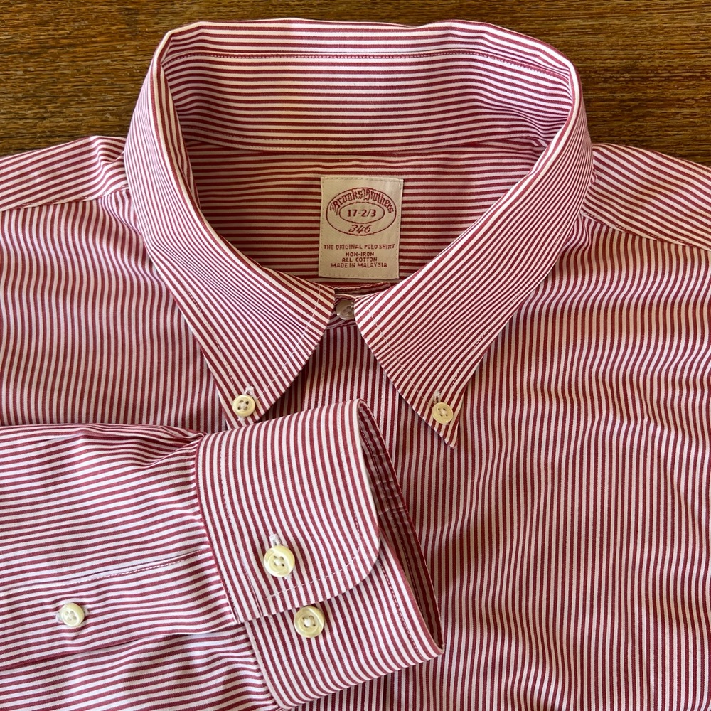 Brooks Brothers 346 Dress Shirt Red White Striped Cotton Non Iron Size 17 2/3